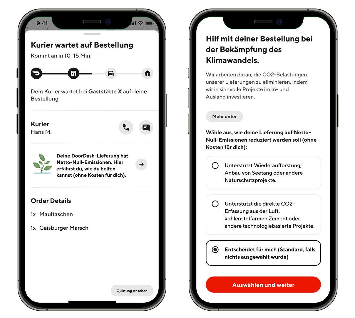 Two iPhones with screenshots of supporting carbon removal inside DoorDash